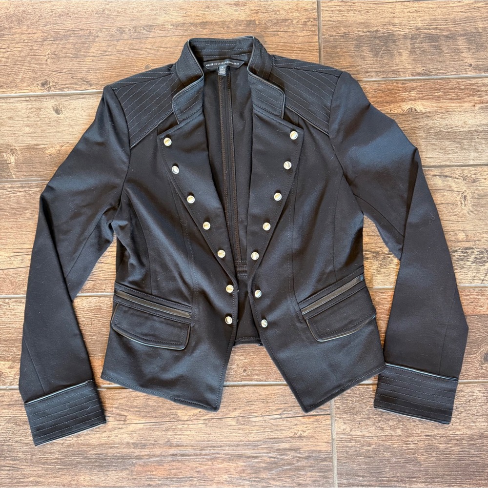 White House Black Market Black Military Blazer Faux Leather Trim Size 8